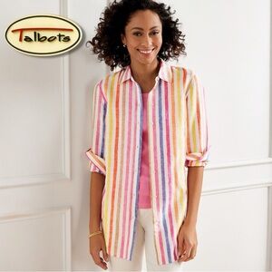 Talbots LINEN Boyfriend Shirt Rockport Stripe Wmn’s Long Sleeve Button Rainbow M